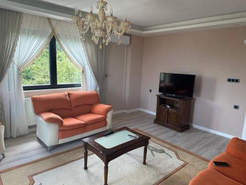 salon z kanapą i telewizorem w obiekcie Parlayan Villa Suite w mieście Trabzon