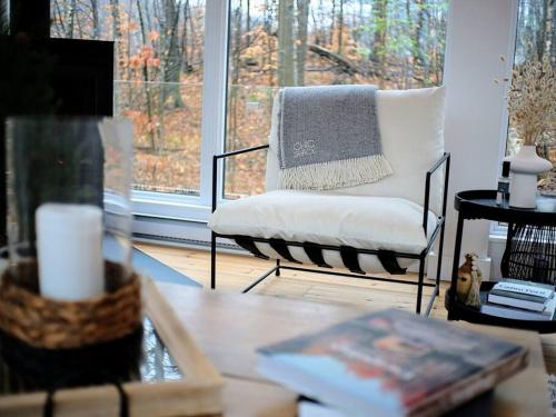 a living room with a chair in front of a window at trähus tremblant in La Conception