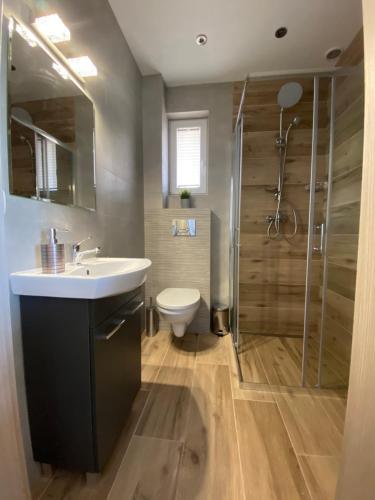 een badkamer met een wastafel, een douche en een toilet bij Domki Weekend in Łeba