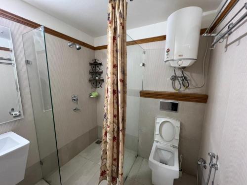 a bathroom with a shower and a toilet and a sink at Villa Bliss Lakeside in Nainital