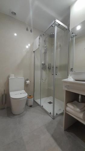 a bathroom with a shower and a toilet and a sink at Olivae Hostal Boutique in Cáceres
