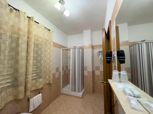 La salle de bains est pourvue d'une douche et d'un rideau de douche. dans l'établissement Hotel Martini, à Naples