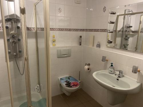 a bathroom with a shower and a sink and a toilet at Frankfurt Close Apartment in Hainburg