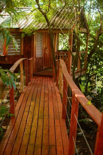 a wooden bridge leading to a cabin in the woods at Tukulolo Treehouses in Makaunga