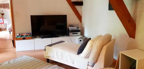 ein Wohnzimmer mit einem Flachbild-TV und einem Sofa in der Unterkunft Hameau de Leignoua in Le Saint
