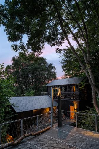 a house with a black roof and a tree at Hutstuf - The Fox & Private Outdoor Spa in La Roche-en-Ardenne