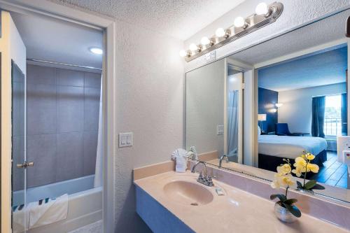ein Badezimmer mit einem Waschbecken und einem großen Spiegel in der Unterkunft Developer Inn Orlando North, a Baymont by Wyndham in Orlando