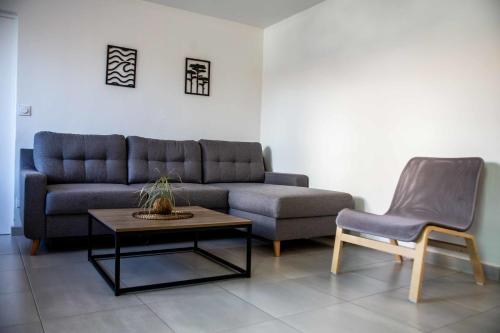 a living room with a couch and a table and a chair at Renovated T6 house with garden near transport in Villenave-dʼOrnon