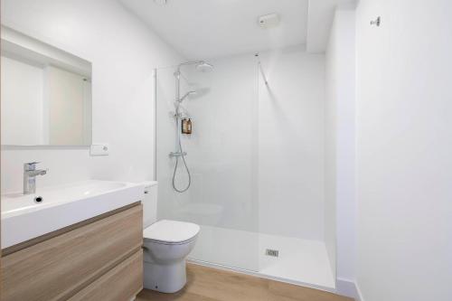 a bathroom with a shower and a toilet and a sink at Apartamentos Rotilio in Sanxenxo
