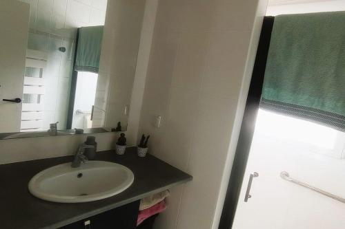 een badkamer met een wastafel en een spiegel bij Maison tout confort avec jardin in Cayeux-sur-Mer