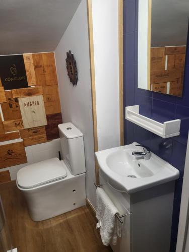 a bathroom with a white toilet and a sink at Vt y ht Arrizabalaga rural. in Bermeo