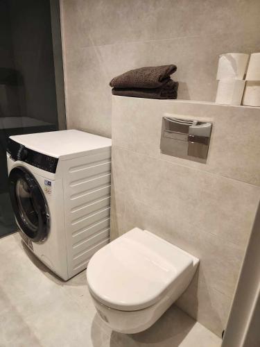 a bathroom with a toilet and a washing machine at Prie Vilneles Apartment in Vilnius
