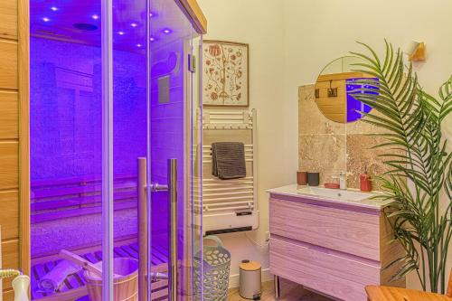 加來的住宿－Le Saint-Pierre - Idéalement situé avec sauna，带淋浴和盥洗盆的紫色浴室