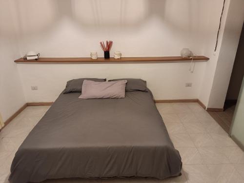 a bed in a room with a shelf on the wall at B&B Ca' dal Sol in Selvanizza