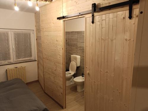 a bathroom with a toilet in a room with wooden walls at B&B Ca' dal Sol in Selvanizza