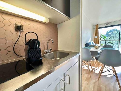 une cuisine avec un évier et une salle à manger dans l'établissement Reims Place d'Erlon Hyper centre, à Reims