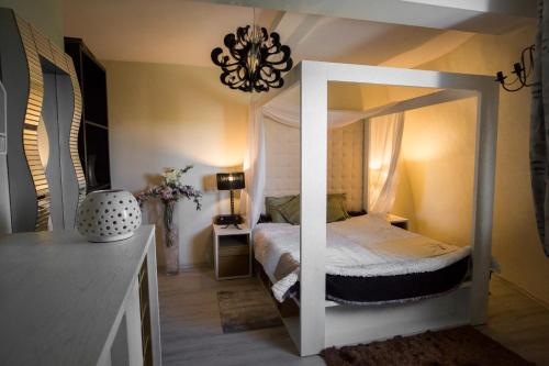 a bedroom with a canopy bed with a mirror at Dom wakacyjny - wiatrak holenderski na Mazurach in Ryn