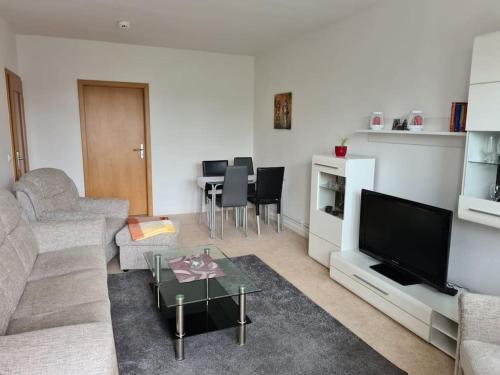 a living room with a couch and a tv and a table at Gästewohnung KL. WZL 29_5 in Klein Wanzleben