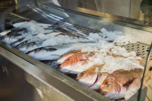 a bunch of fish in a display case at Kasta Beach Hotel in Ofrínion