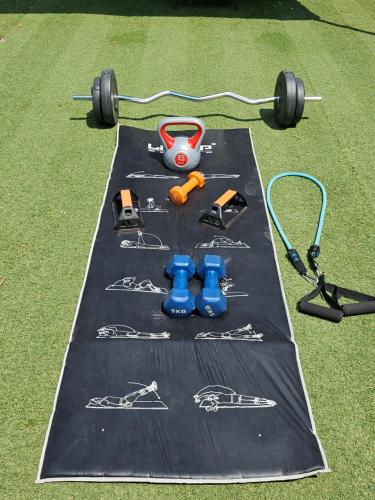 a table with weights and equipment on the grass at Trudy's home in Nicosia