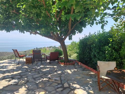 a patio with chairs and a table under a tree at Panorama Studio Afetes in Afétai