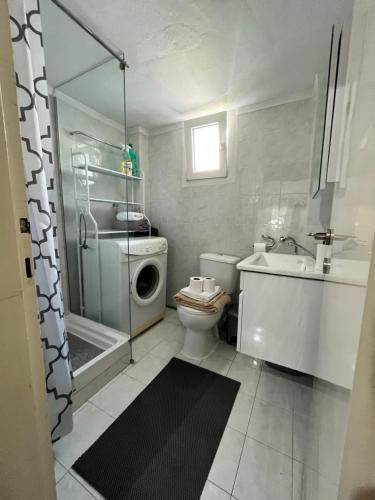 ein Bad mit einer Dusche, einem WC und einem Waschbecken in der Unterkunft Dimi Guest House in Peraia