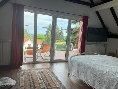 1 dormitorio con 1 cama y una gran puerta corredera de cristal en Vila Krcedin en Krčedin