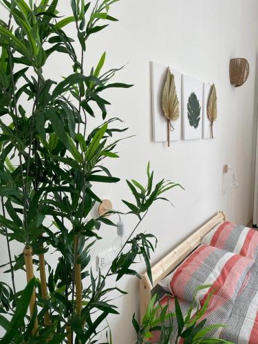 a bedroom with a bed and plants in a room at Terra De Mare in Palmariggi