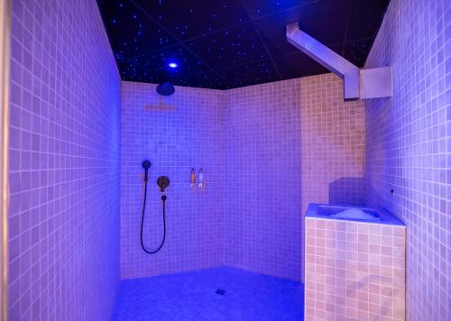 een roze badkamer met een douche met paarse verlichting bij Hotel Normandy in Vernon