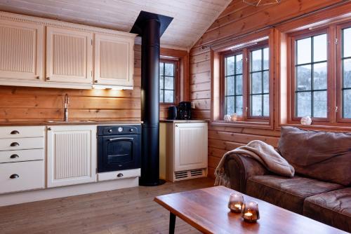 a living room with a couch and a stove at Filefjellstuene in Tyinkrysset