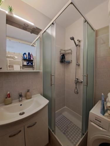 a bathroom with a shower and a sink at Apartman Iadera in Zadar