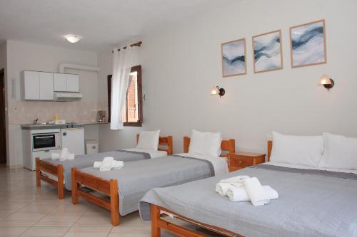 a room with two beds and a kitchen at Aris Junior Studios Neo Klima Skopelos in Neo Klima