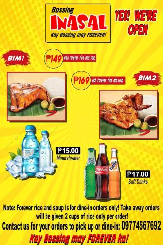 a flyer for a restaurant with food and drinks at Bossing Inasal in Tubigon