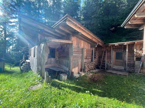 Almhütte - Skihütte am Goldeck in Kärnten في Baldramsdorf: كابينة خشبية في العشب بجوار منزل