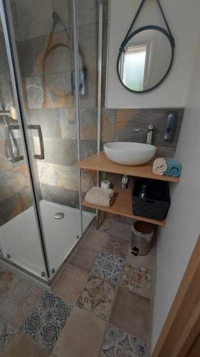 une salle de bain avec une douche, un lavabo et un miroir dans l'établissement Mister Hinster - studio tout confort centre ville Nogent-le-Rotrou - 1e étage, à Nogent-le-Rotrou