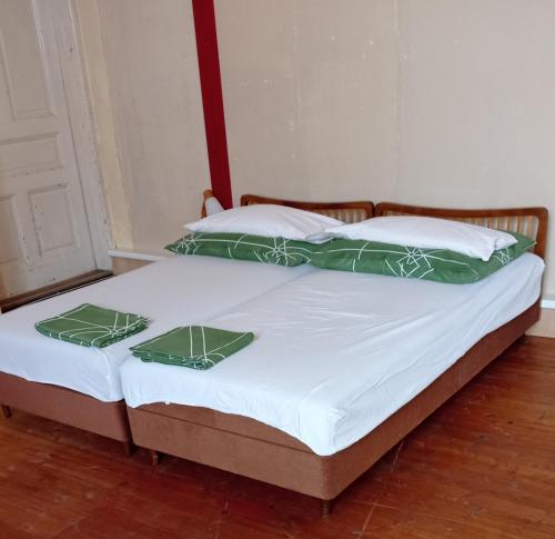 twee bedden met groene en witte kussens erop bij Loftwohnung im Rotweinland in Raiding