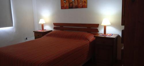 サンタ・ロサ・デ・カラムチタにあるCabañas Lo de Albertoのホテルルーム ベッド1台&ランプ2つ付