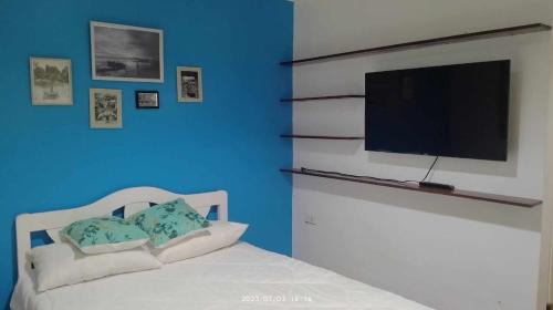 a bedroom with a bed with a tv on a blue wall at LALUNA COTTAGES in El Nido