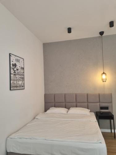 a bedroom with a large bed with a white wall at BOOGIE Home Kamienica Łódzka in Łódź