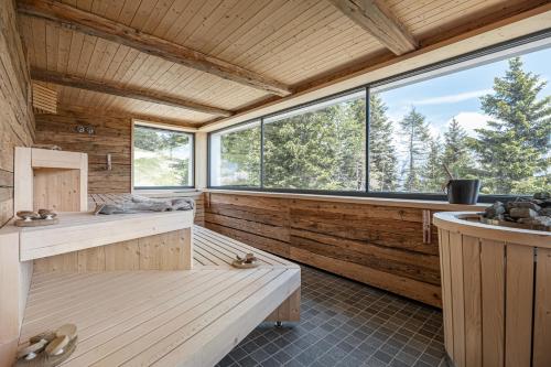 a sauna with wooden walls and a large window at Hotel Rifugio Solander in Commezzadura