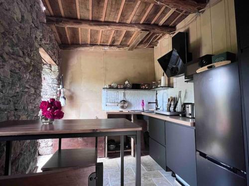 eine Küche mit einem Tisch und einem Kühlschrank in der Unterkunft Paradis pour deux, pierres, piscine, Cinque Terre in Riccò del Golfo di Spezia
