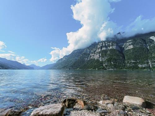 a body of water with a mountain in the background at Marina Walensee Hotel in Unterterzen