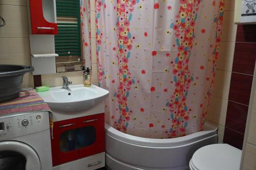 a bathroom with a shower curtain covered in sprinkles at Villa Anastasoski in Mavrovo