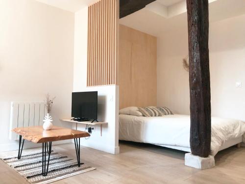 - une chambre avec un lit et un bureau avec une télévision dans l'établissement Le Seize - Studio dans le centre historique d'Auch, à Auch