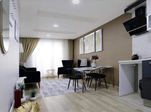 een woonkamer met een eettafel en stoelen bij Fully Equipped Apartment Istanbul (Zarif26) in Avcılar
