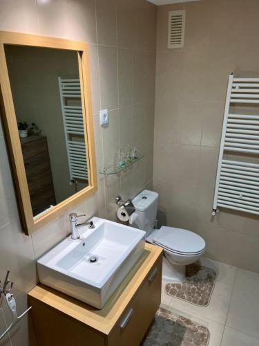 a bathroom with a sink and a toilet and a mirror at Casa Estefania in Sucina