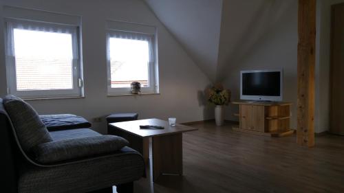 a living room with a couch and a tv at BogottHof in Elsterheide