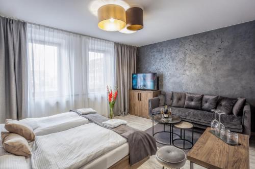 a bedroom with a bed and a couch and a tv at Hotel Beta in Bzenec