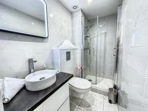 ein Bad mit einem Waschbecken, einem WC und einer Dusche in der Unterkunft Sweet Home Marceau 6 studios hyper centre proche de la mer et du palais in Cannes