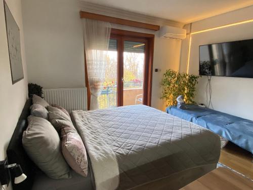 ein Schlafzimmer mit einem Bett mit Kissen und einem Fenster in der Unterkunft Studio Ivy in Vrnjačka Banja